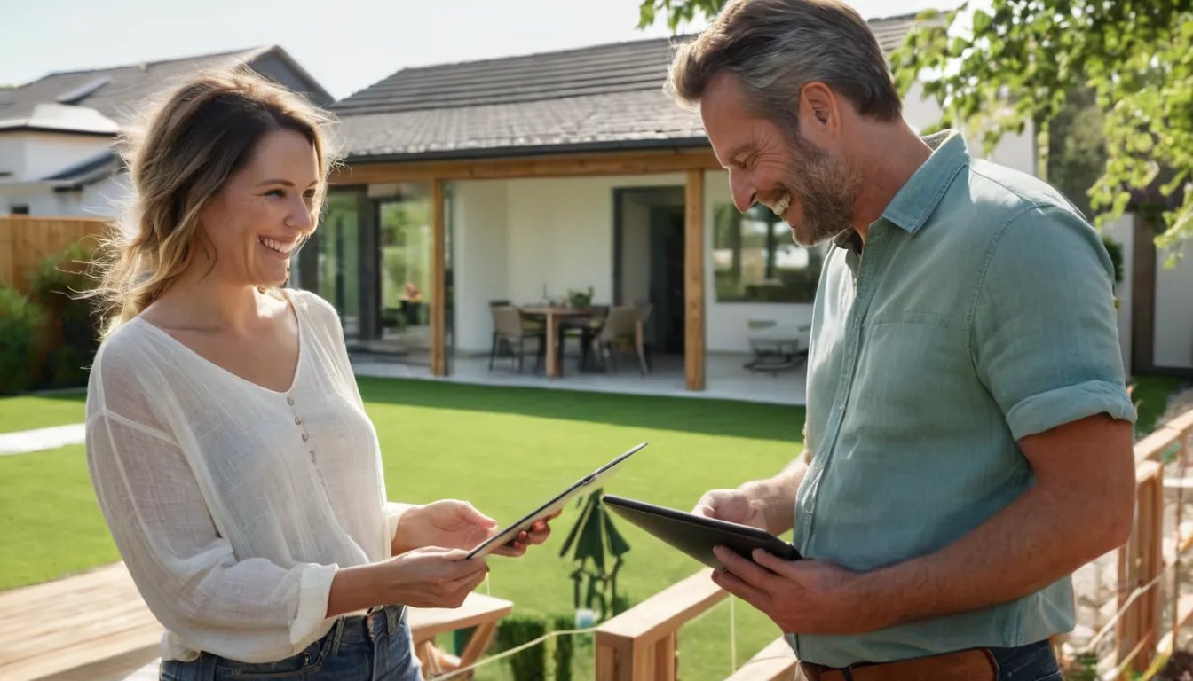 Homeowners reviewing a patio plan with a local provider in the Thornton area